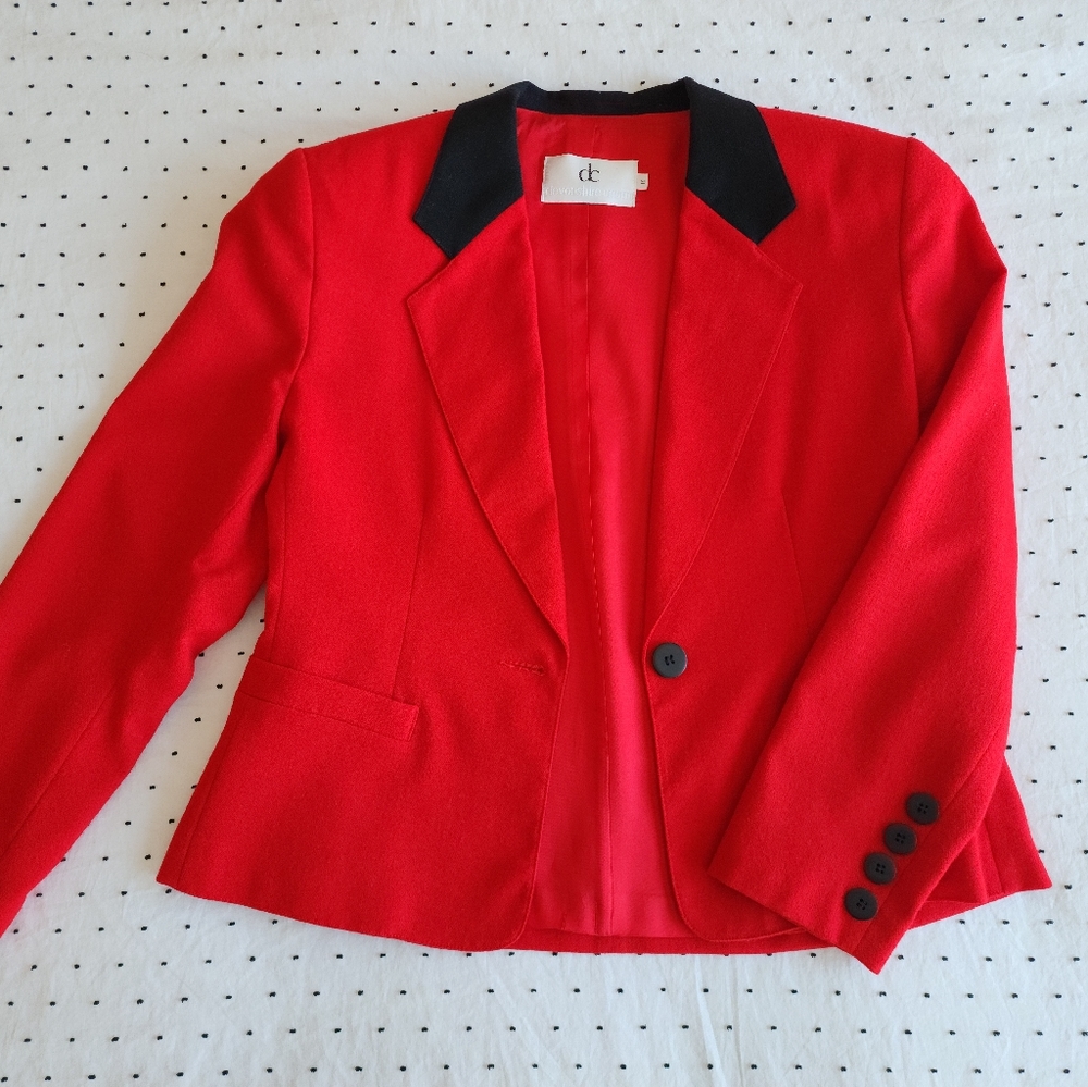 Women's Devonshire Cream 100% Wool Blazer in Red with Black Accents, Size 10